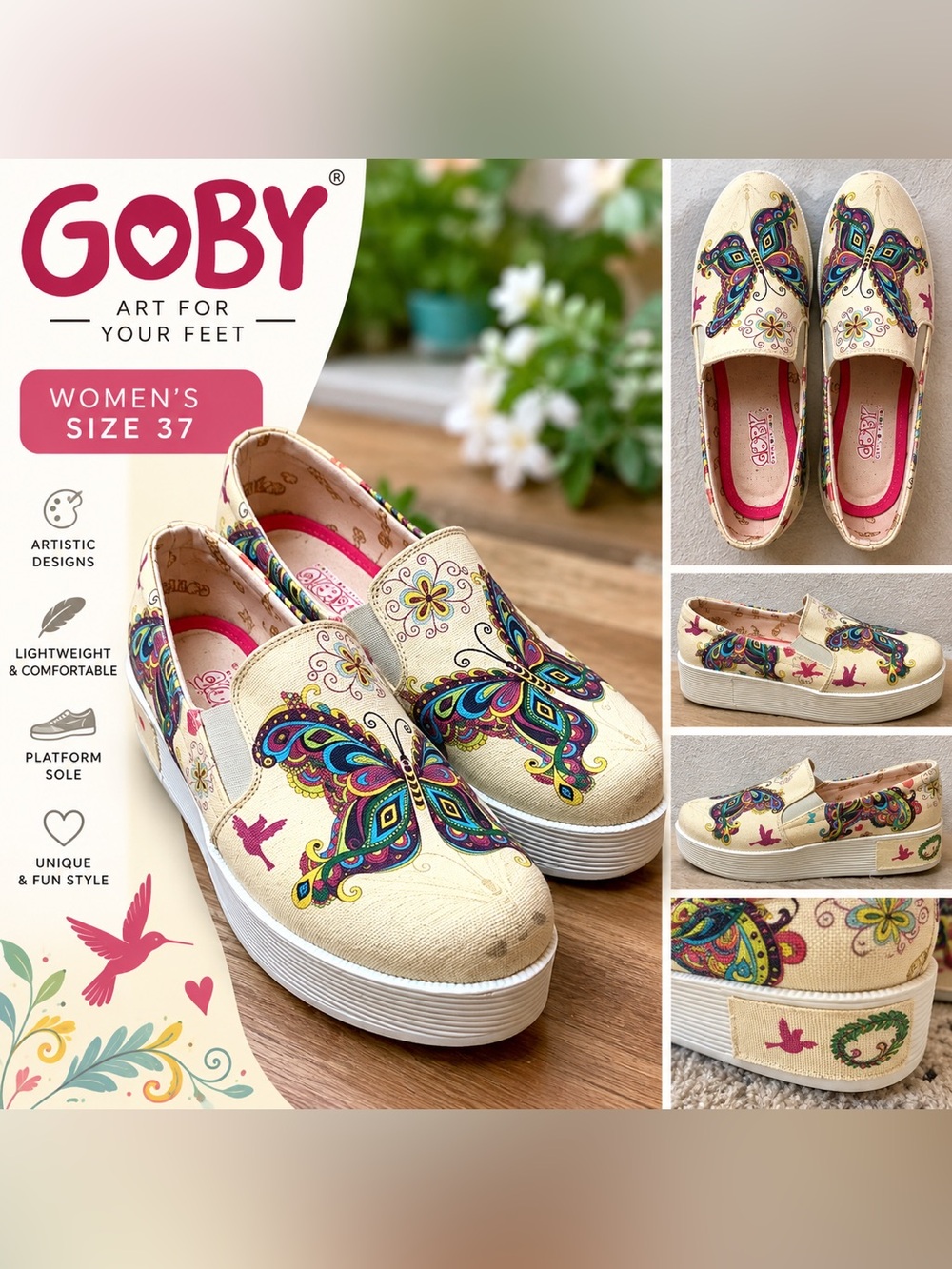 GOBY Butterfly Print Platform Slip-On Shoes Women’s Size 37